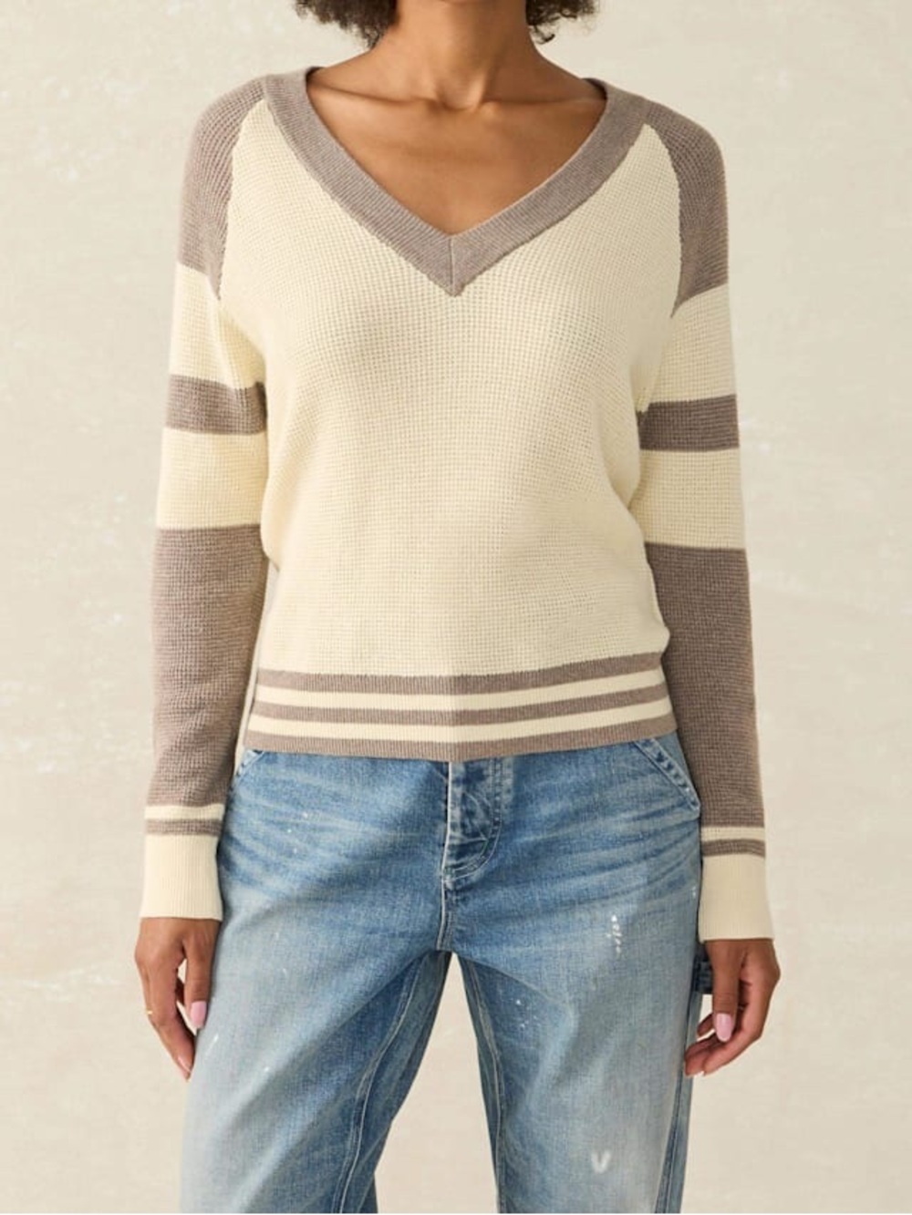 Faherty Throwback V-Neck Sweater XS Fenway Cotton Cashmere Waffle Stripe